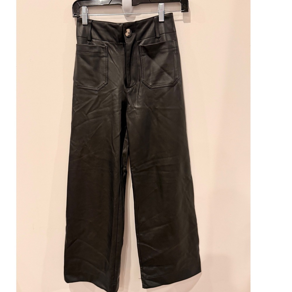 Maeve Anthropologie The Colette Faux Leather Wide Leg Pants Black Sz 23 Cropped